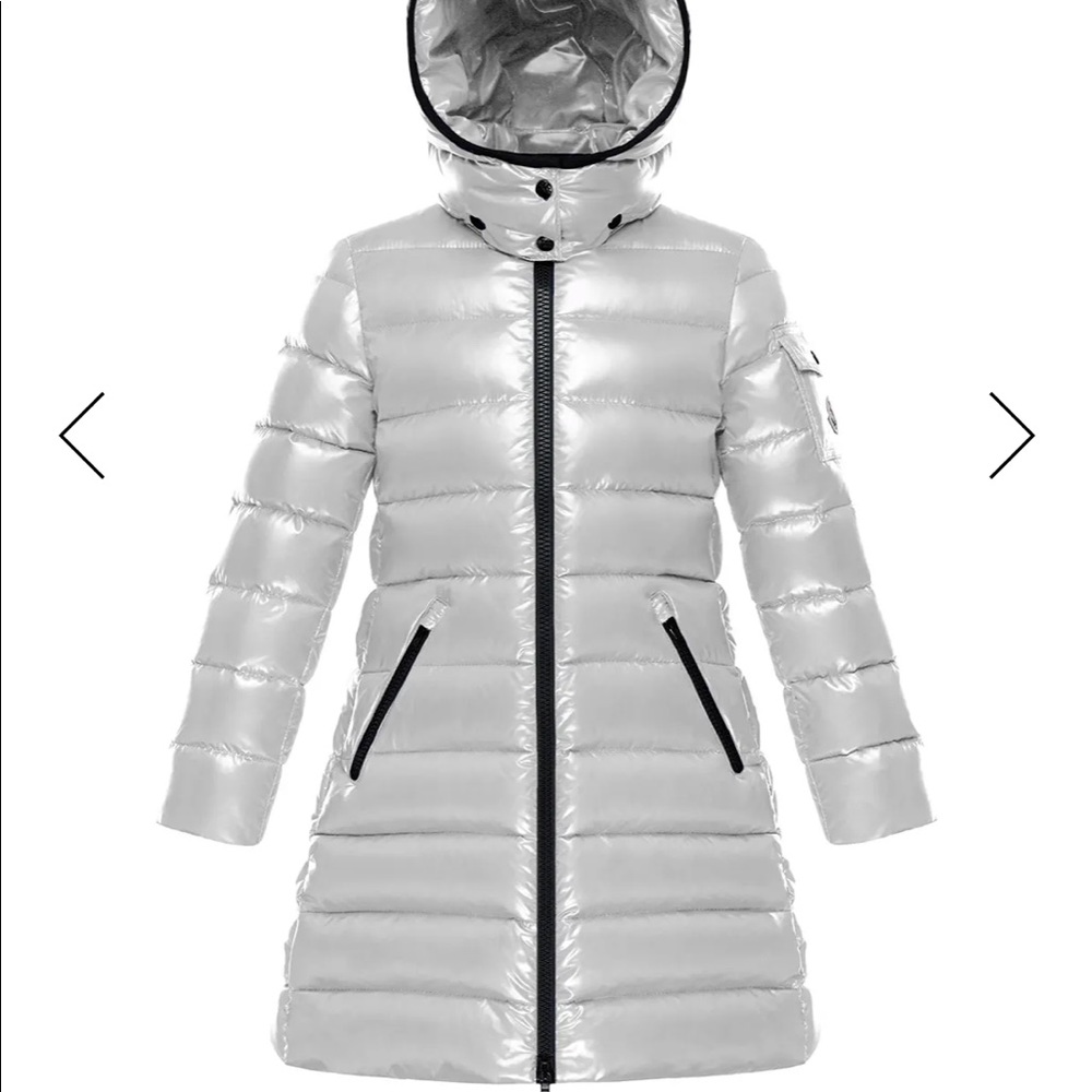 MONCLER Moka Gray Girls Mini Me Quilted Hooded Long Coat, Size 12